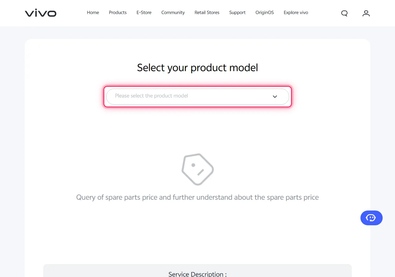 Vivo official spare parts page with the "Please select the product model" dropdown highlighted to show where to tap