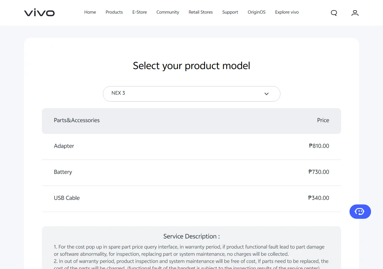 Official spare parts price table showing part names and maximum retail prices for the selected model