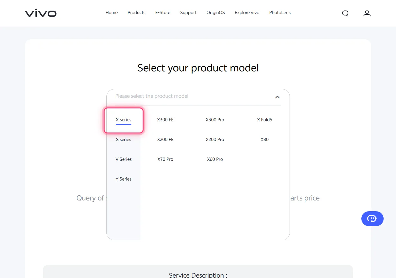 Vivo model picker dropdown open, with the target series highlighted to show where to tap