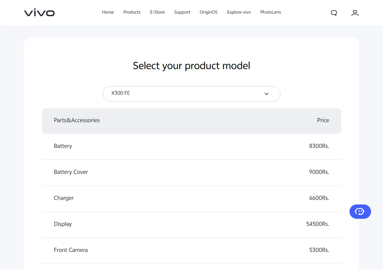 Official spare parts price table showing part names and maximum retail prices for the selected model
