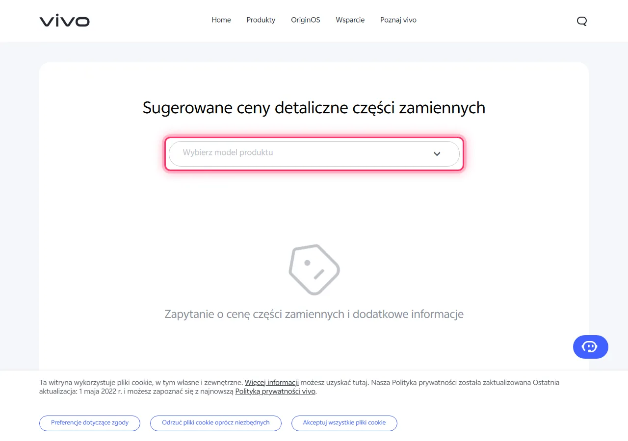 Vivo official spare parts page with the "Please select the product model" dropdown highlighted to show where to tap