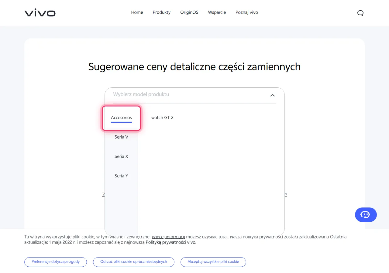 Vivo model picker dropdown open, with the target series highlighted to show where to tap