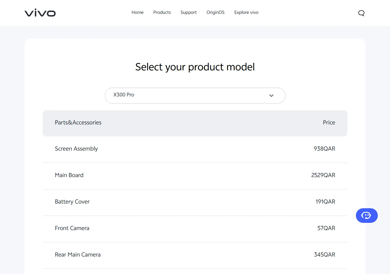 Official spare parts price table showing part names and maximum retail prices for the selected model