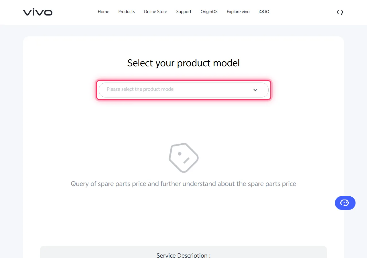 Vivo official spare parts page with the "Please select the product model" dropdown highlighted to show where to tap