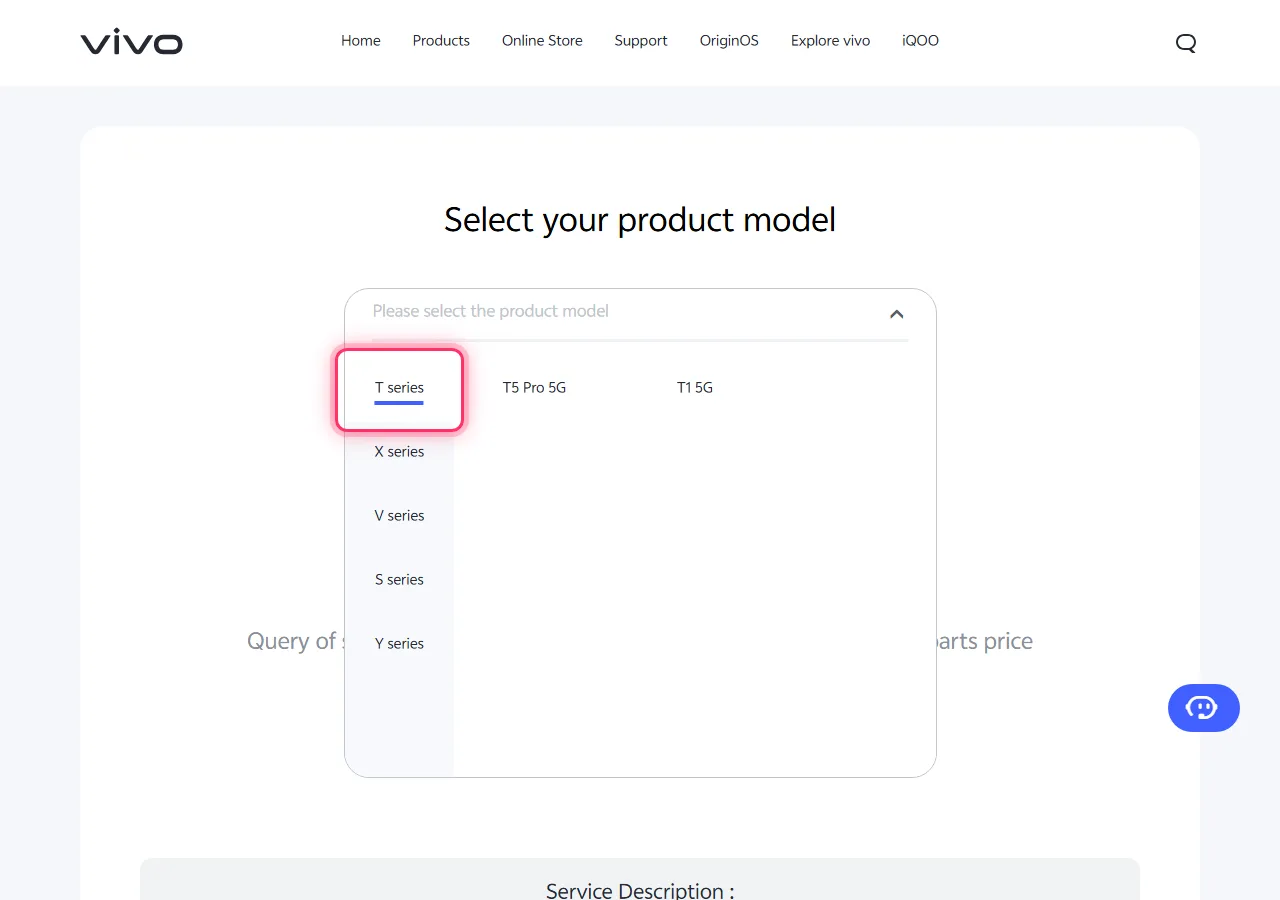 Vivo model picker dropdown open, with the target series highlighted to show where to tap