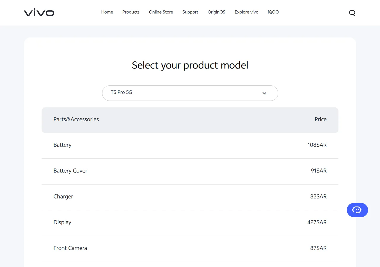 Official spare parts price table showing part names and maximum retail prices for the selected model