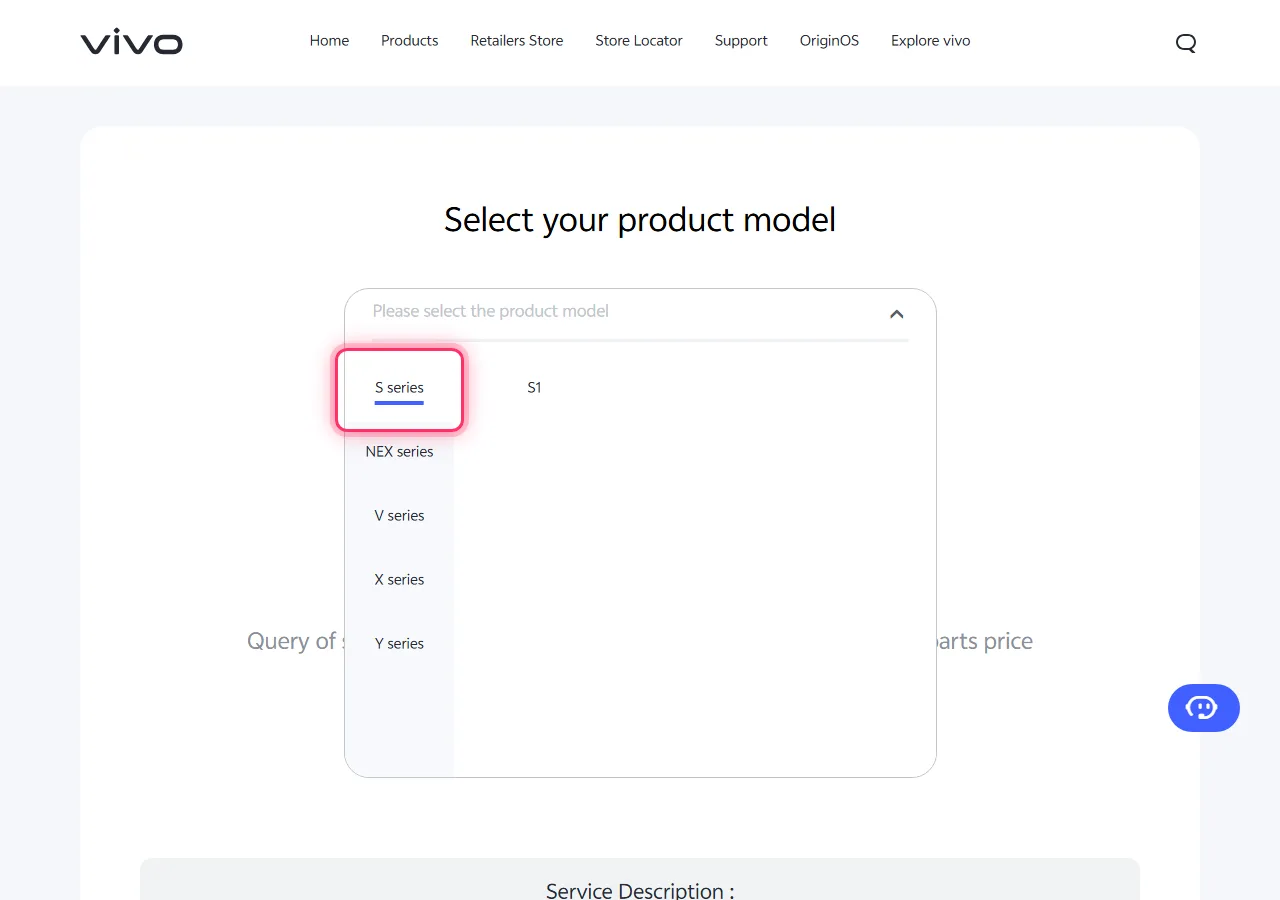 Vivo model picker dropdown open, with the target series highlighted to show where to tap