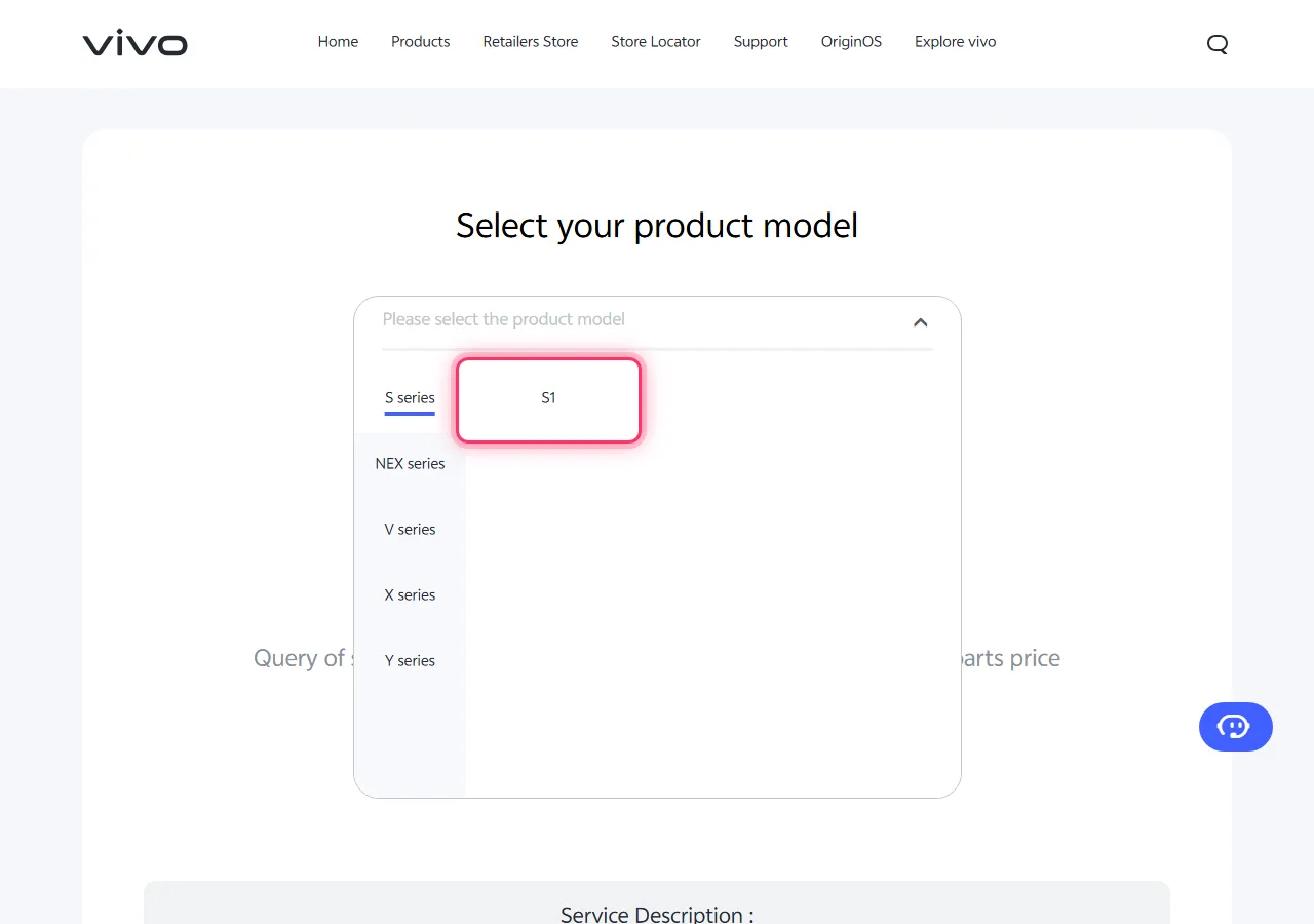Series selected in the dropdown, with the target model highlighted to show where to tap