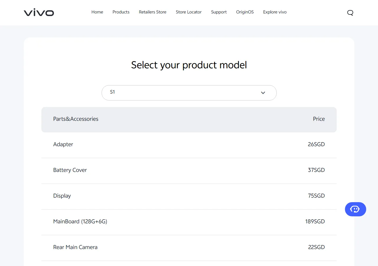 Official spare parts price table showing part names and maximum retail prices for the selected model