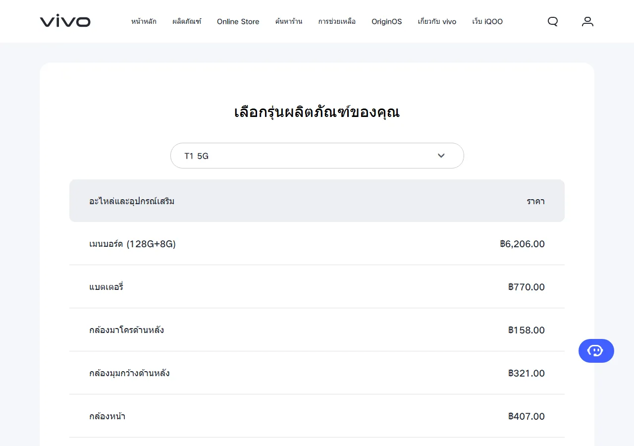 Official spare parts price table showing part names and maximum retail prices for the selected model