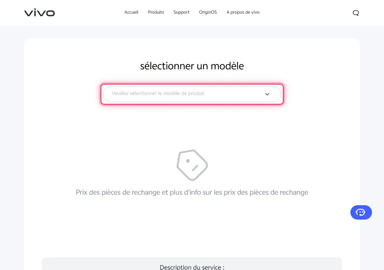 Vivo official spare parts page with the "Please select the product model" dropdown highlighted to show where to tap