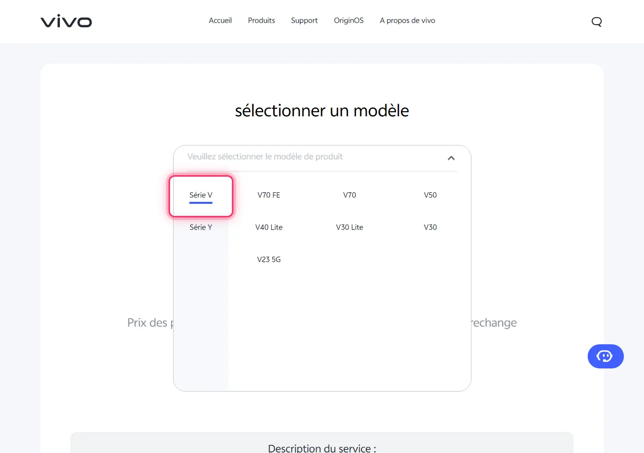 Vivo model picker dropdown open, with the target series highlighted to show where to tap