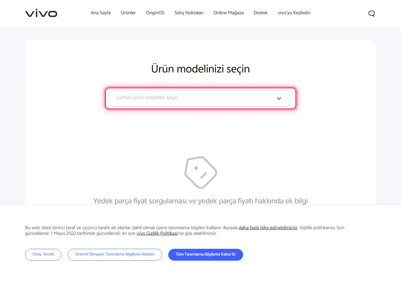 Vivo official spare parts page with the "Please select the product model" dropdown highlighted to show where to tap