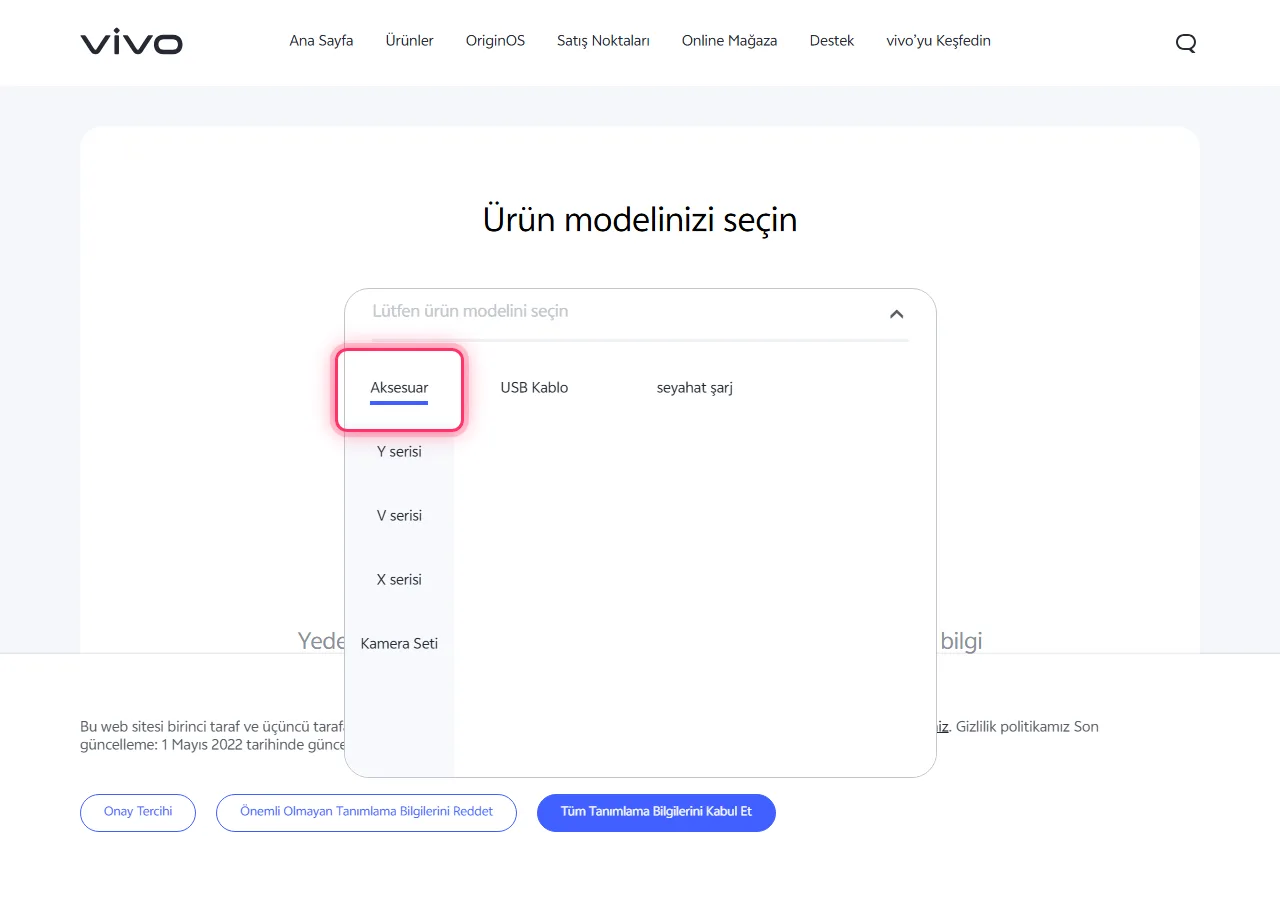Vivo model picker dropdown open, with the target series highlighted to show where to tap