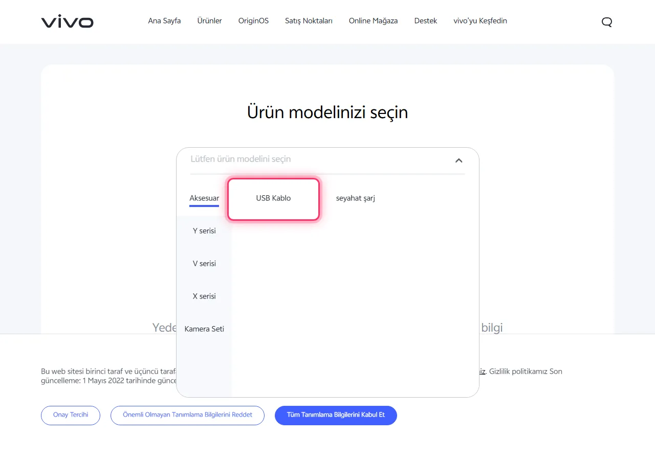 Series selected in the dropdown, with the target model highlighted to show where to tap