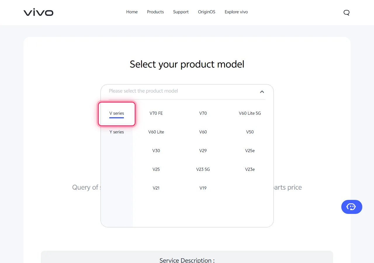 Vivo model picker dropdown open, with the target series highlighted to show where to tap
