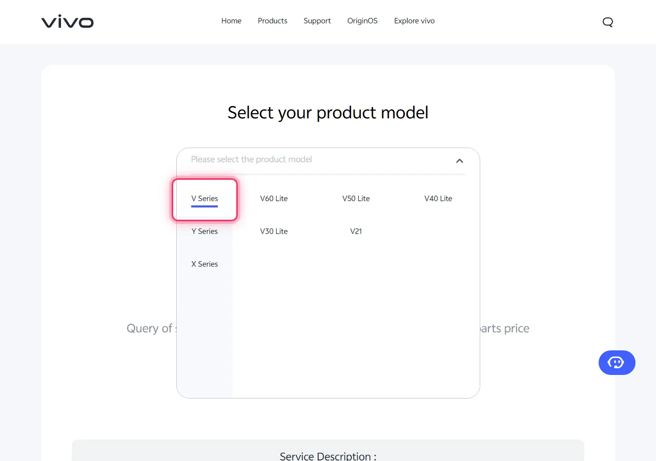 Vivo model picker dropdown open, with the target series highlighted to show where to tap