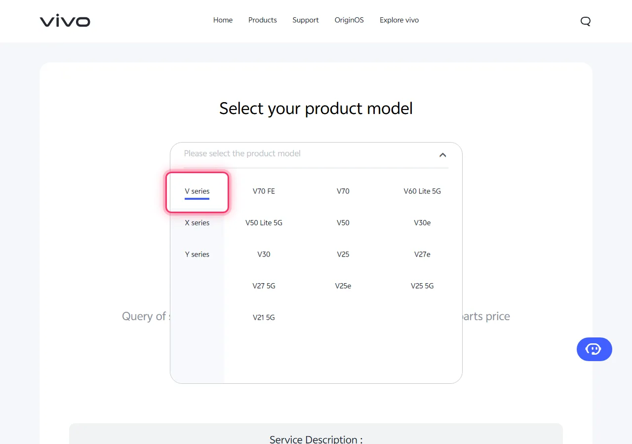 Vivo model picker dropdown open, with the target series highlighted to show where to tap